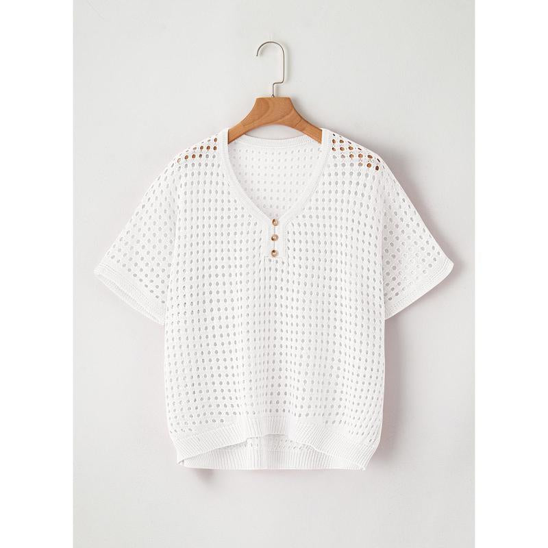 Dokotoo Womens Summer V Neck Short Sleeve Button down Sweater Casual Crochet Hollow Out Knit Tops Beach Coverup