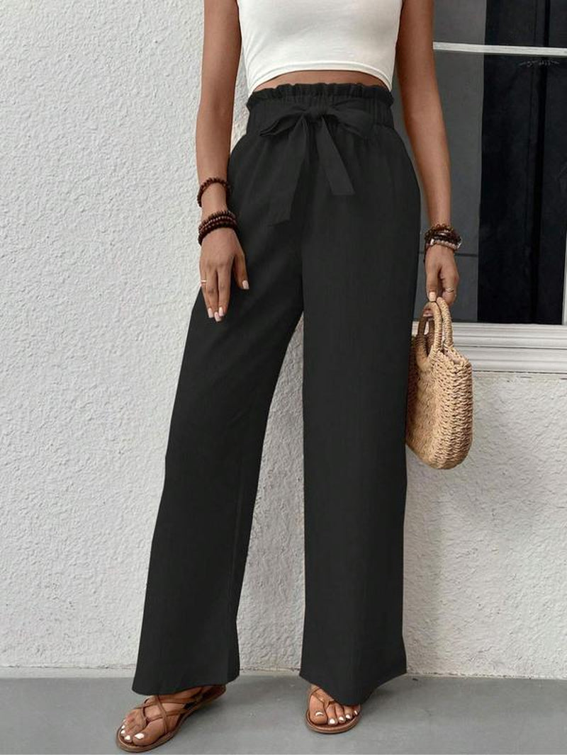 Women'S Plain Pocket Tie Front Straight Leg Pants, Elegant High Waist Paper Bag Waist Trousers for Work Office Business, Ladies Bottoms for All Seasons