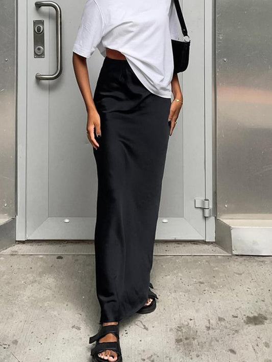 Women'S Solid Color Satin Skirt, Elegant Fashion Long Skirt for Daily Outdoor Wear, Women Clothing for Summer