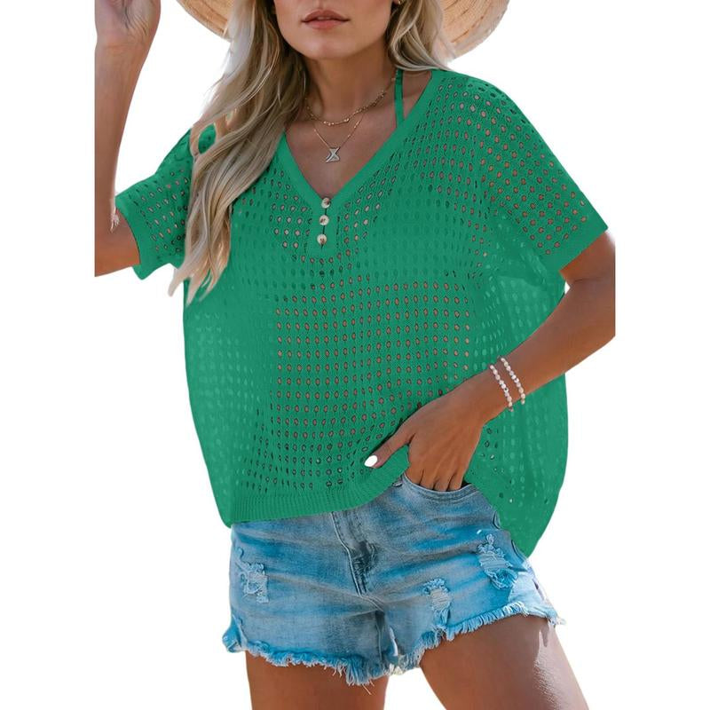 Dokotoo Womens Summer V Neck Short Sleeve Button down Sweater Casual Crochet Hollow Out Knit Tops Beach Coverup