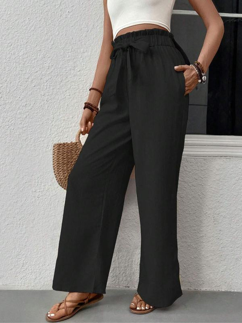 Women'S Plain Pocket Tie Front Straight Leg Pants, Elegant High Waist Paper Bag Waist Trousers for Work Office Business, Ladies Bottoms for All Seasons