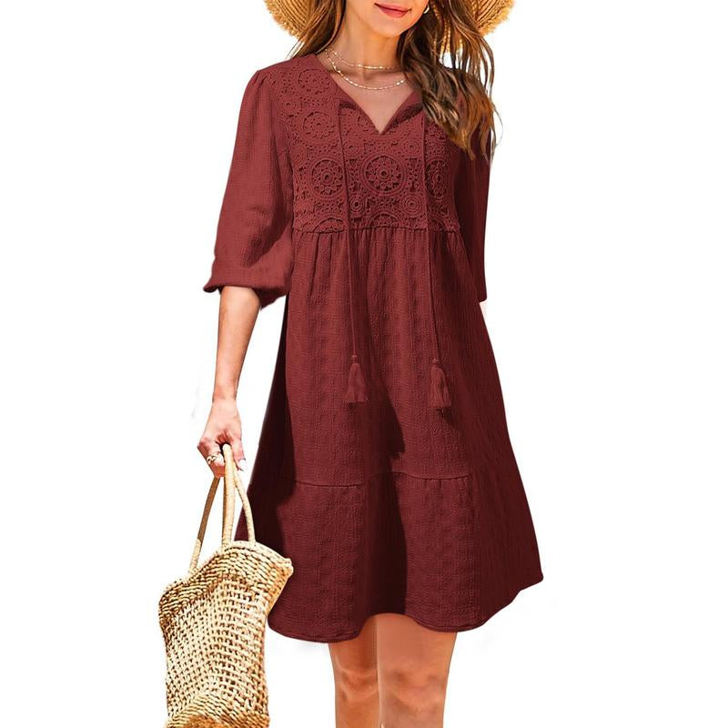 Dokotoo Womens Ladies Elegant Summer Dresses for Women 2025 Short Sleeve Crewneck Drawstring Embroidered Boho Dresses Loose Casual Mini Dresses