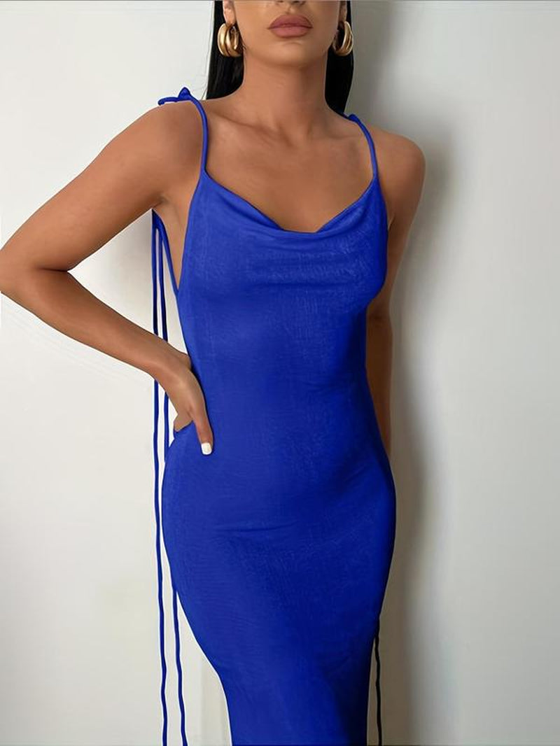 Women'S Solid Backless Draped Bodycon Fit Dress, Street Sleeveless Fashion Style Spaghetti Strap Long Dress for Party Club Dating Wear, Ladies Summer Clothes Valentine'S Day, Clothing, Womenswear