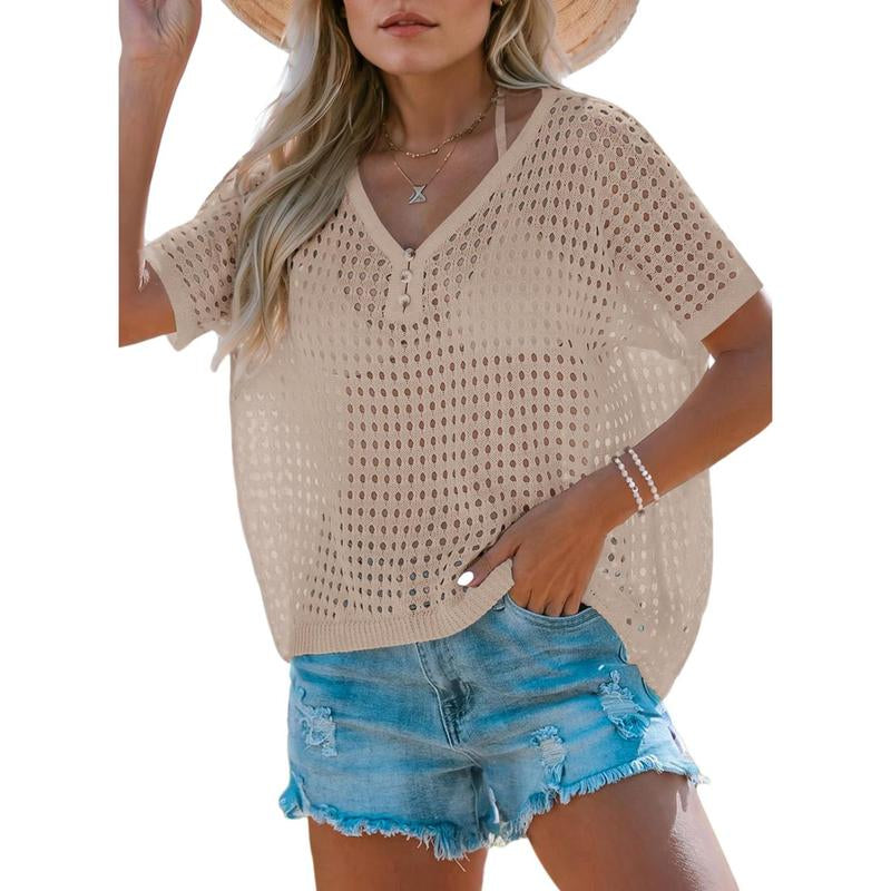Dokotoo Womens Summer V Neck Short Sleeve Button down Sweater Casual Crochet Hollow Out Knit Tops Beach Coverup