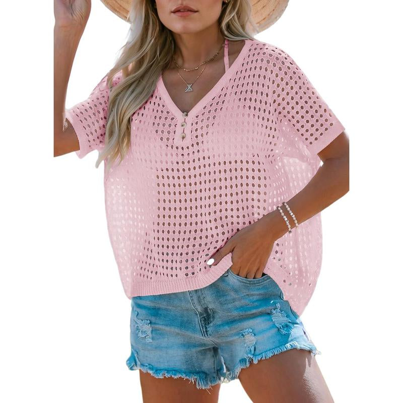 Dokotoo Womens Summer V Neck Short Sleeve Button down Sweater Casual Crochet Hollow Out Knit Tops Beach Coverup