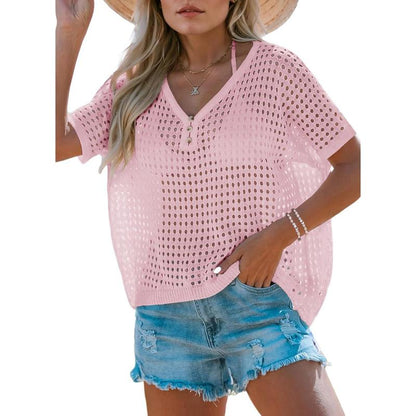 Dokotoo Womens Summer V Neck Short Sleeve Button down Sweater Casual Crochet Hollow Out Knit Tops Beach Coverup