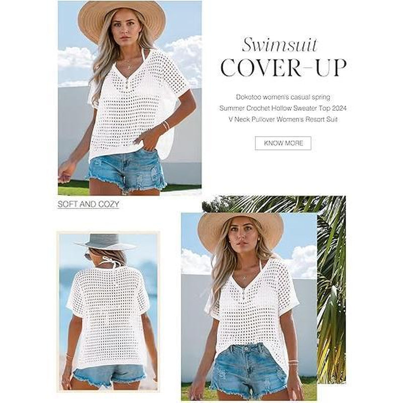 Dokotoo Womens Summer V Neck Short Sleeve Button down Sweater Casual Crochet Hollow Out Knit Tops Beach Coverup