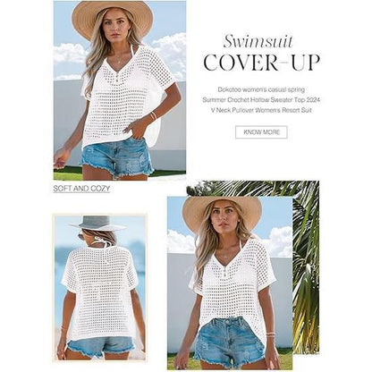 Dokotoo Womens Summer V Neck Short Sleeve Button down Sweater Casual Crochet Hollow Out Knit Tops Beach Coverup
