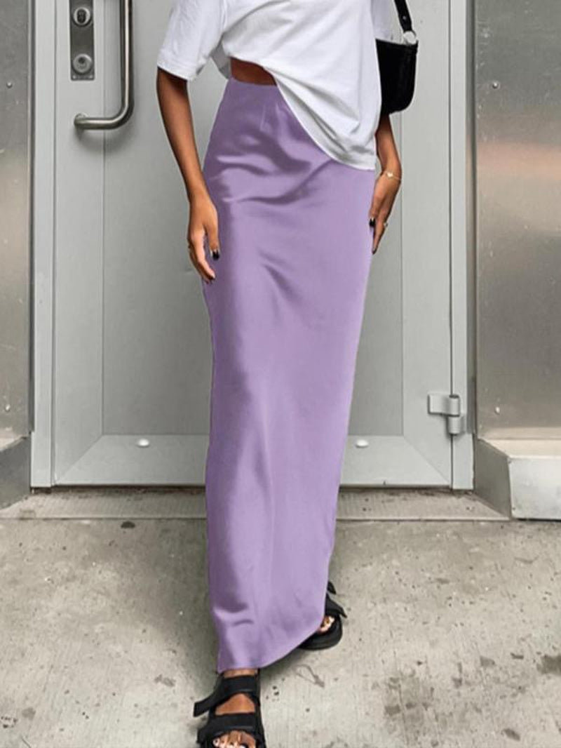 Women'S Solid Color Satin Skirt, Elegant Fashion Long Skirt for Daily Outdoor Wear, Women Clothing for Summer