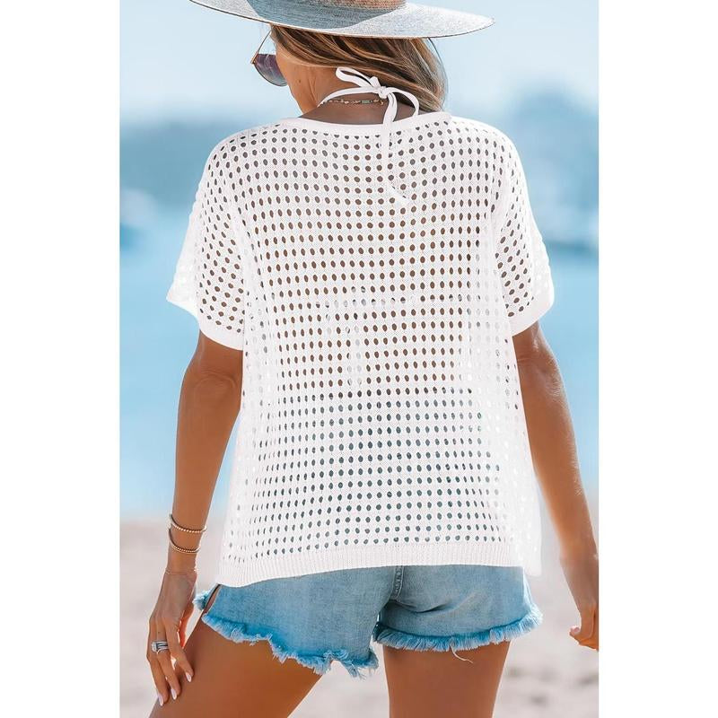 Dokotoo Womens Summer V Neck Short Sleeve Button down Sweater Casual Crochet Hollow Out Knit Tops Beach Coverup