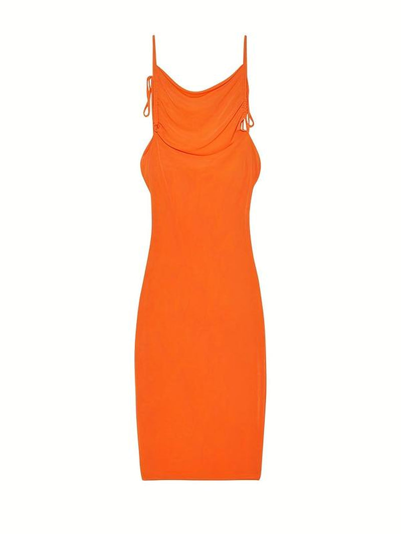 Women'S Solid Backless Draped Bodycon Fit Dress, Street Sleeveless Fashion Style Spaghetti Strap Long Dress for Party Club Dating Wear, Ladies Summer Clothes Valentine'S Day, Clothing, Womenswear
