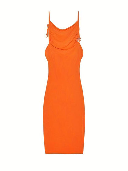 Women'S Solid Backless Draped Bodycon Fit Dress, Street Sleeveless Fashion Style Spaghetti Strap Long Dress for Party Club Dating Wear, Ladies Summer Clothes Valentine'S Day, Clothing, Womenswear