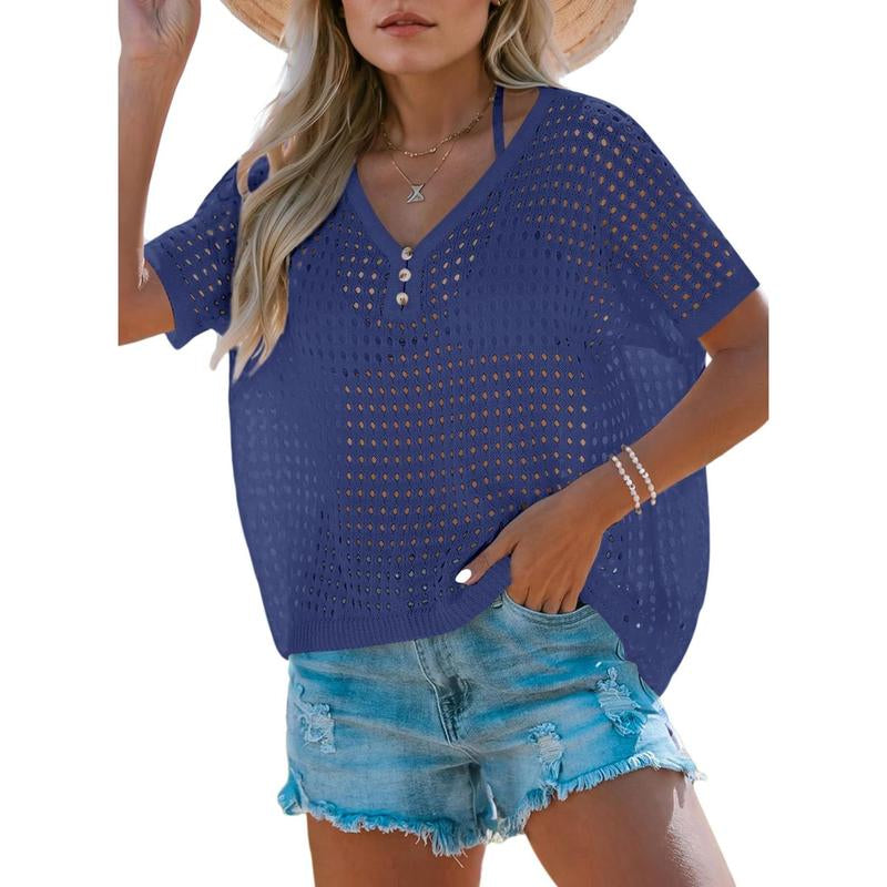 Dokotoo Womens Summer V Neck Short Sleeve Button down Sweater Casual Crochet Hollow Out Knit Tops Beach Coverup