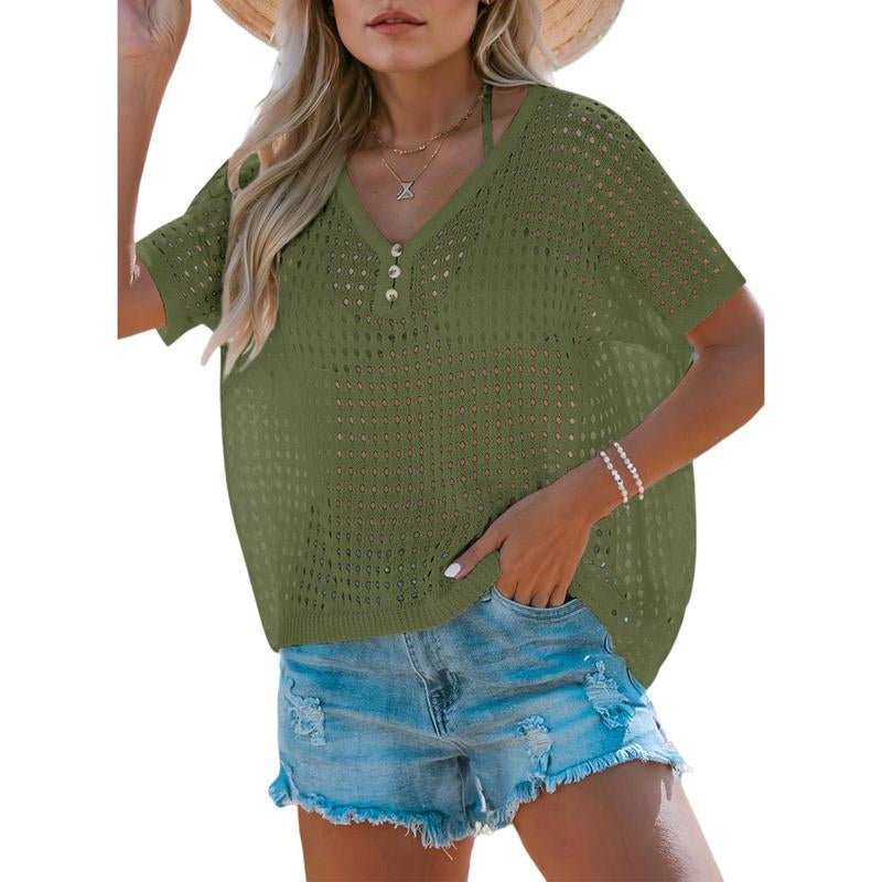 Dokotoo Womens Summer V Neck Short Sleeve Button down Sweater Casual Crochet Hollow Out Knit Tops Beach Coverup