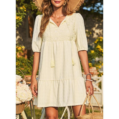 Dokotoo Womens Ladies Elegant Summer Dresses for Women 2025 Short Sleeve Crewneck Drawstring Embroidered Boho Dresses Loose Casual Mini Dresses