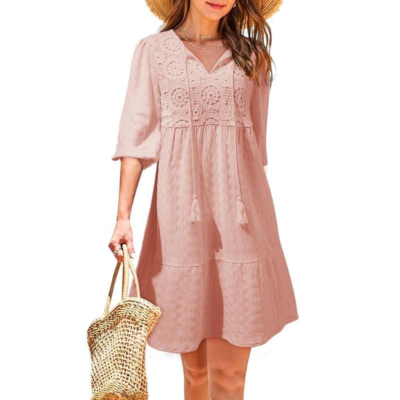 Dokotoo Womens Ladies Elegant Summer Dresses for Women 2025 Short Sleeve Crewneck Drawstring Embroidered Boho Dresses Loose Casual Mini Dresses