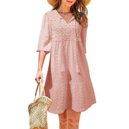 Dokotoo Womens Ladies Elegant Summer Dresses for Women 2025 Short Sleeve Crewneck Drawstring Embroidered Boho Dresses Loose Casual Mini Dresses