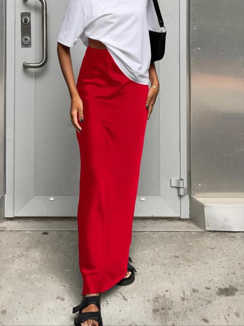 Women'S Solid Color Satin Skirt, Elegant Fashion Long Skirt for Daily Outdoor Wear, Women Clothing for Summer