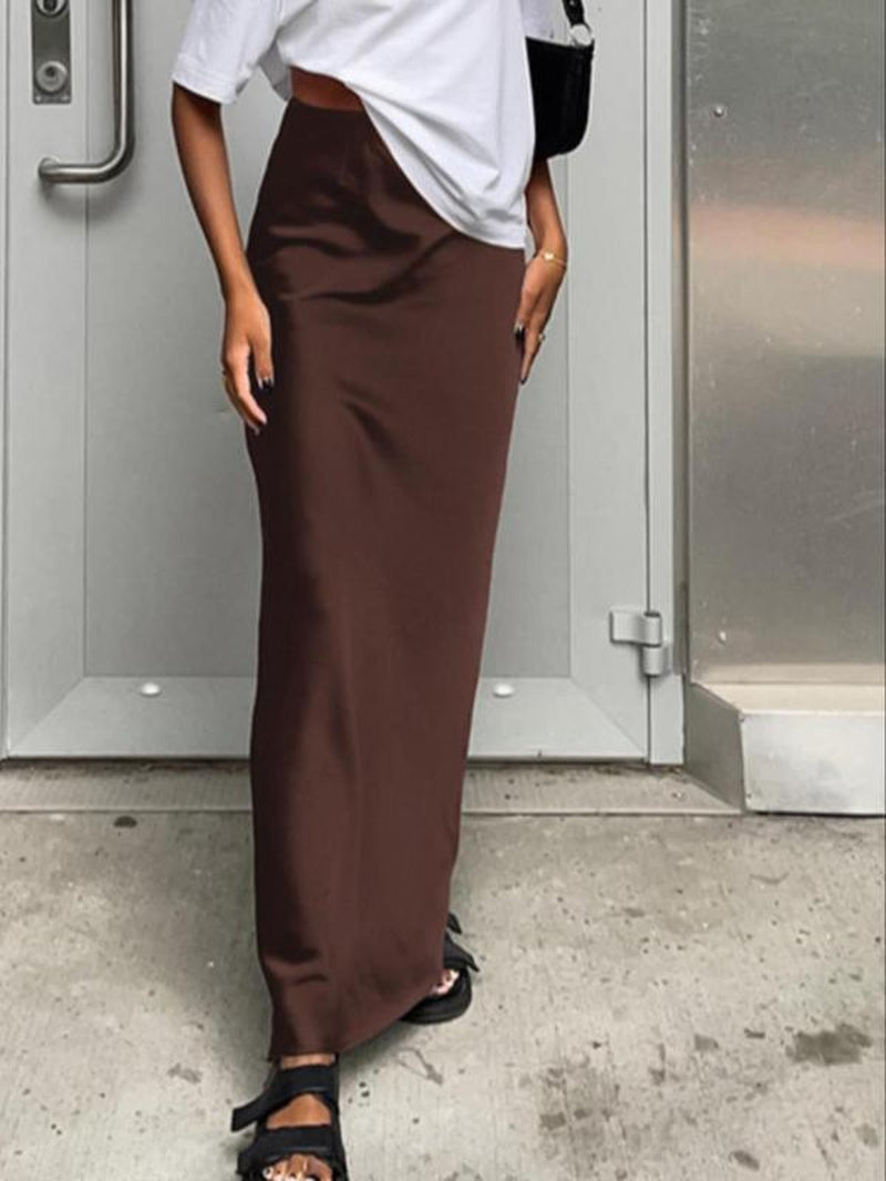 Women'S Solid Color Satin Skirt, Elegant Fashion Long Skirt for Daily Outdoor Wear, Women Clothing for Summer