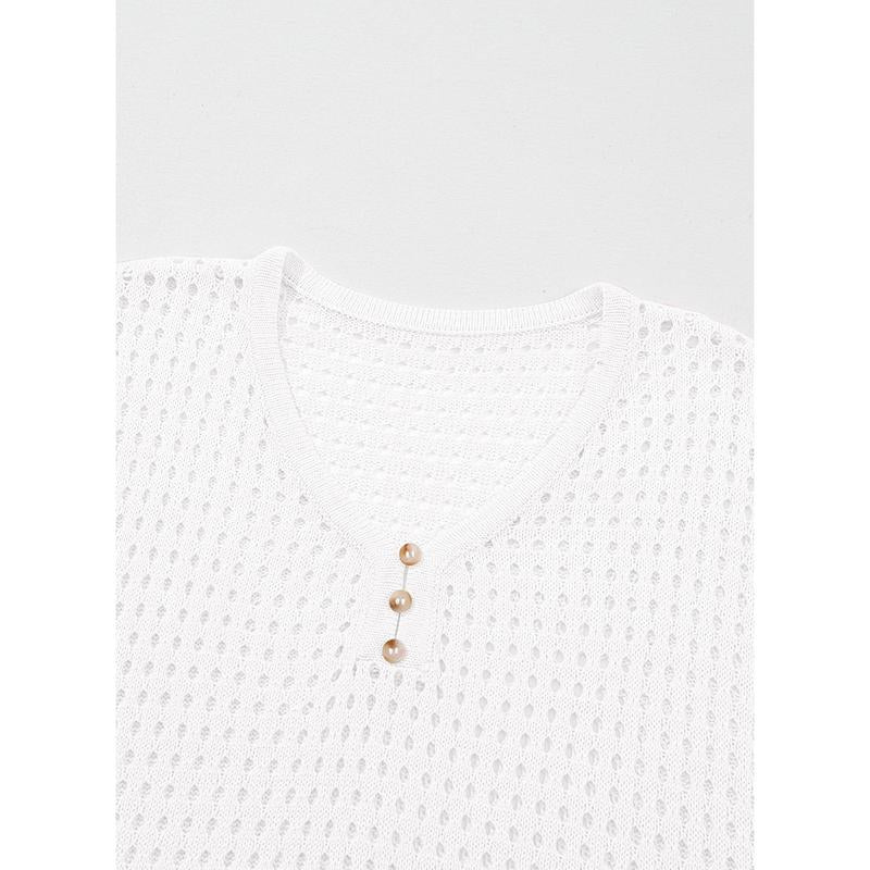 Dokotoo Womens Summer V Neck Short Sleeve Button down Sweater Casual Crochet Hollow Out Knit Tops Beach Coverup
