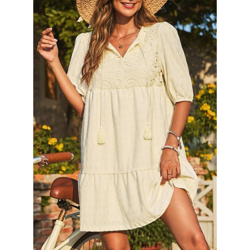 Dokotoo Womens Ladies Elegant Summer Dresses for Women 2025 Short Sleeve Crewneck Drawstring Embroidered Boho Dresses Loose Casual Mini Dresses