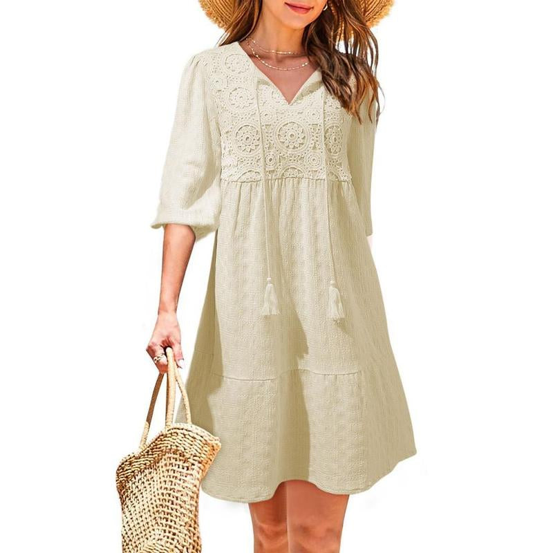 Dokotoo Womens Ladies Elegant Summer Dresses for Women 2025 Short Sleeve Crewneck Drawstring Embroidered Boho Dresses Loose Casual Mini Dresses