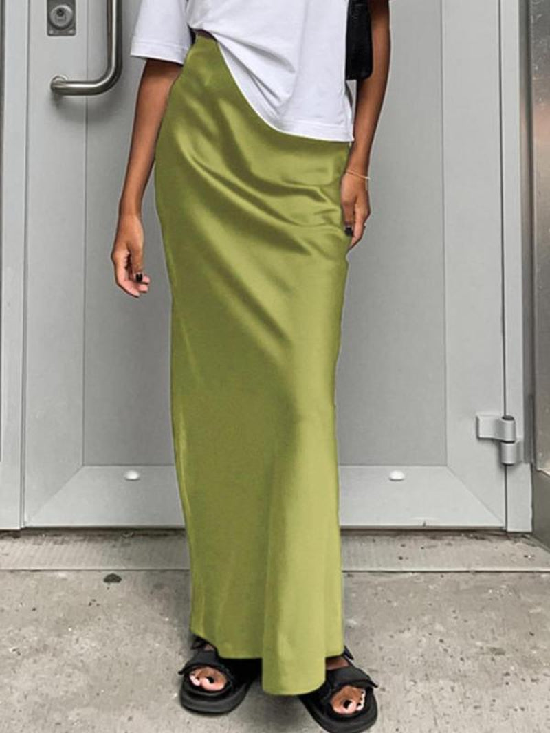 Women'S Solid Color Satin Skirt, Elegant Fashion Long Skirt for Daily Outdoor Wear, Women Clothing for Summer