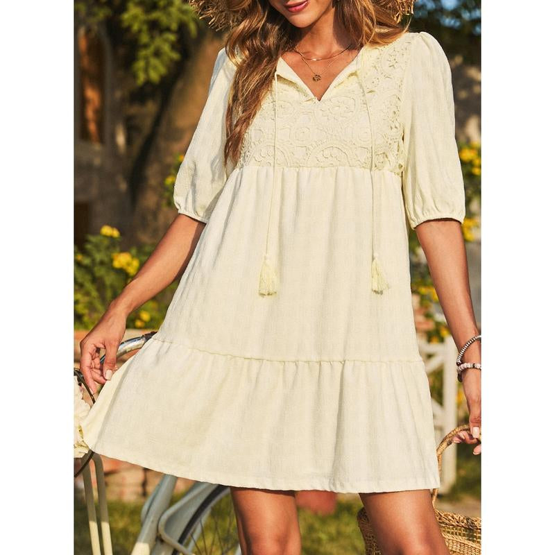 Dokotoo Womens Ladies Elegant Summer Dresses for Women 2025 Short Sleeve Crewneck Drawstring Embroidered Boho Dresses Loose Casual Mini Dresses