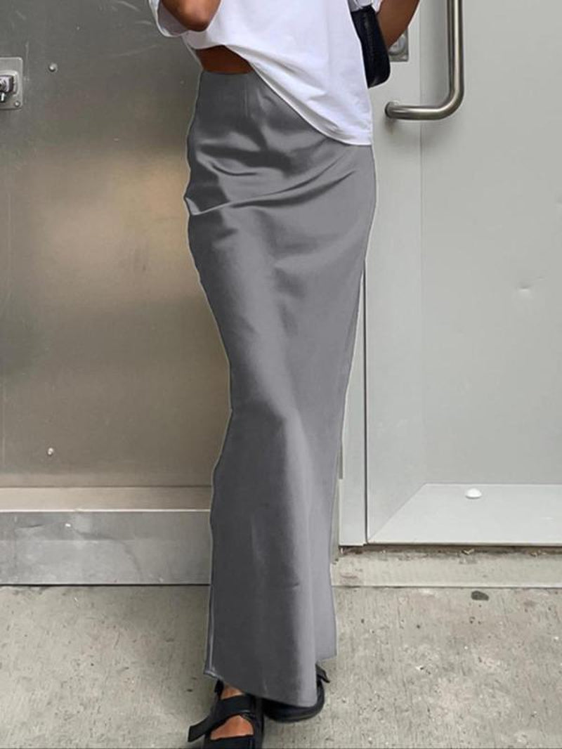 Women'S Solid Color Satin Skirt, Elegant Fashion Long Skirt for Daily Outdoor Wear, Women Clothing for Summer