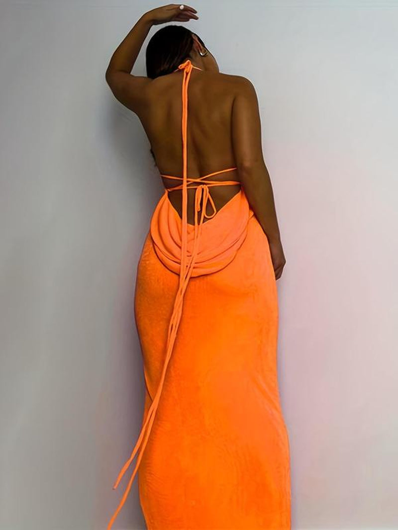 Women'S Solid Backless Draped Bodycon Fit Dress, Street Sleeveless Fashion Style Spaghetti Strap Long Dress for Party Club Dating Wear, Ladies Summer Clothes Valentine'S Day, Clothing, Womenswear