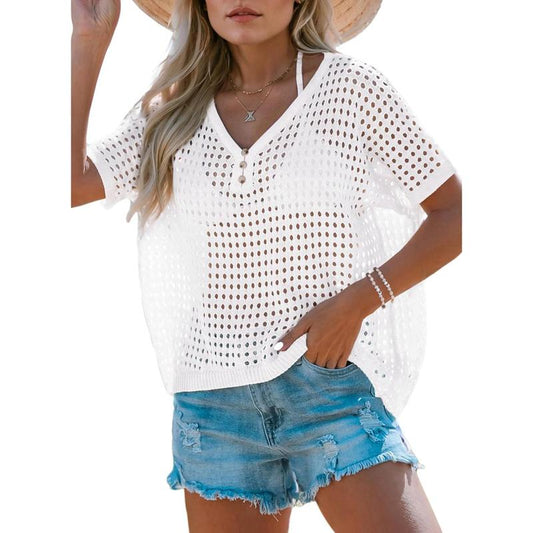 Dokotoo Womens Summer V Neck Short Sleeve Button down Sweater Casual Crochet Hollow Out Knit Tops Beach Coverup