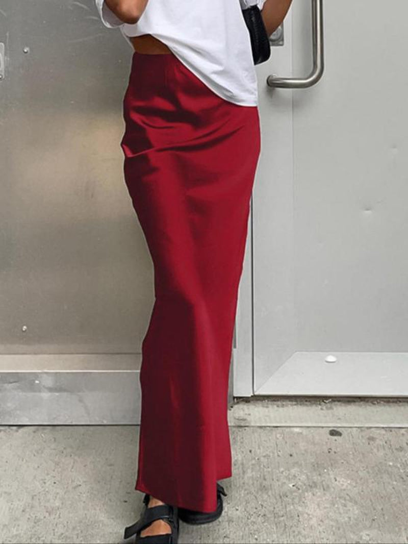 Women'S Solid Color Satin Skirt, Elegant Fashion Long Skirt for Daily Outdoor Wear, Women Clothing for Summer