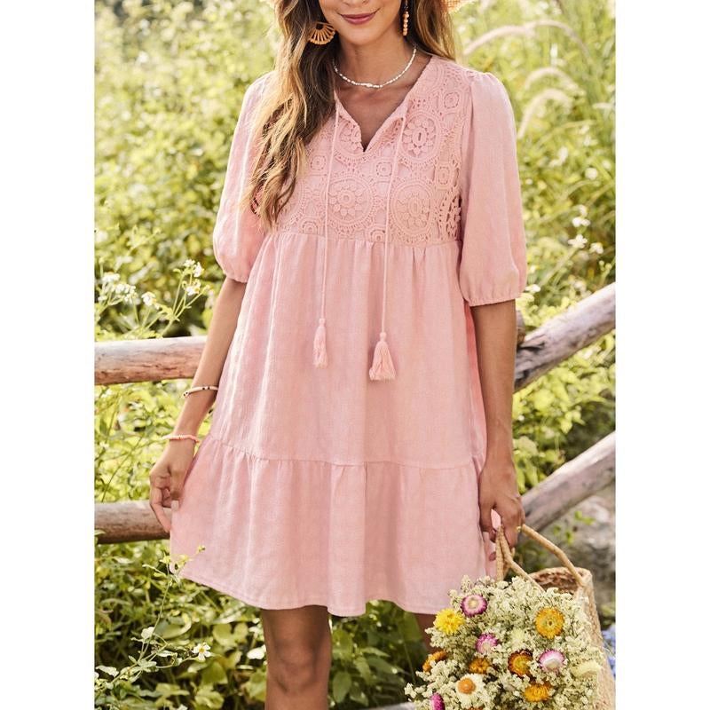 Dokotoo Womens Ladies Elegant Summer Dresses for Women 2025 Short Sleeve Crewneck Drawstring Embroidered Boho Dresses Loose Casual Mini Dresses
