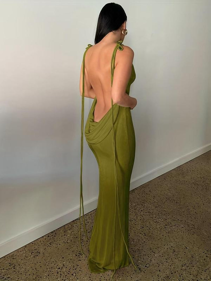 Women'S Solid Backless Draped Bodycon Fit Dress, Street Sleeveless Fashion Style Spaghetti Strap Long Dress for Party Club Dating Wear, Ladies Summer Clothes Valentine'S Day, Clothing, Womenswear