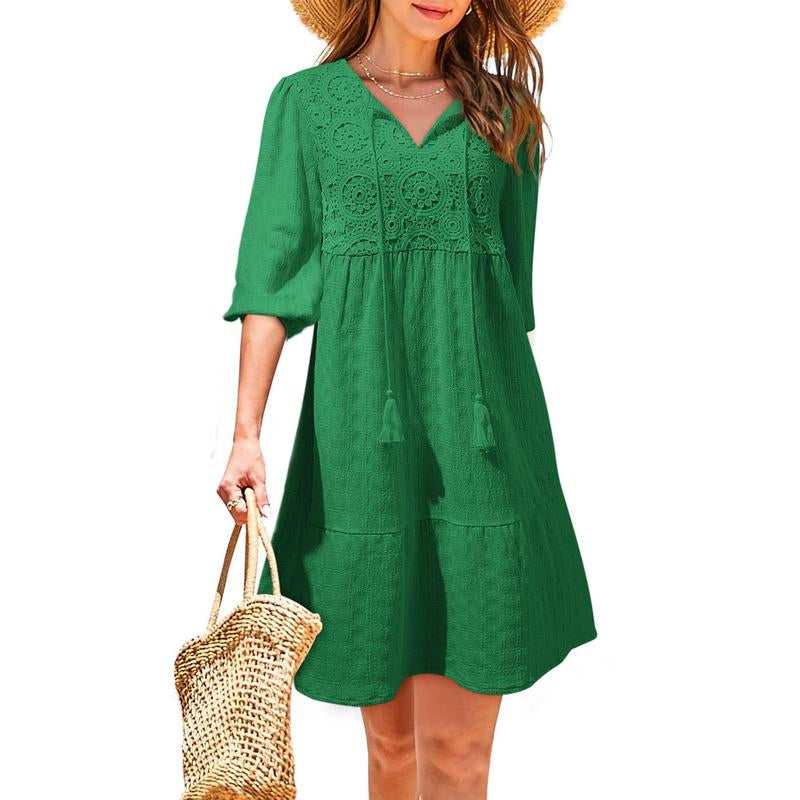 Dokotoo Womens Ladies Elegant Summer Dresses for Women 2025 Short Sleeve Crewneck Drawstring Embroidered Boho Dresses Loose Casual Mini Dresses