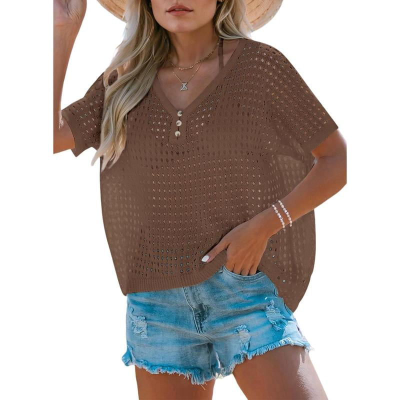 Dokotoo Womens Summer V Neck Short Sleeve Button down Sweater Casual Crochet Hollow Out Knit Tops Beach Coverup
