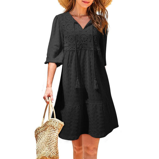 Dokotoo Womens Ladies Elegant Summer Dresses for Women 2025 Short Sleeve Crewneck Drawstring Embroidered Boho Dresses Loose Casual Mini Dresses