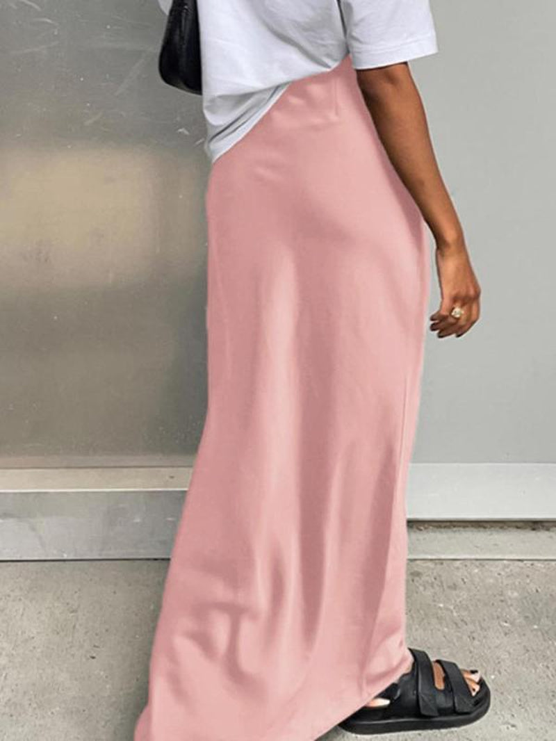 Women'S Solid Color Satin Skirt, Elegant Fashion Long Skirt for Daily Outdoor Wear, Women Clothing for Summer