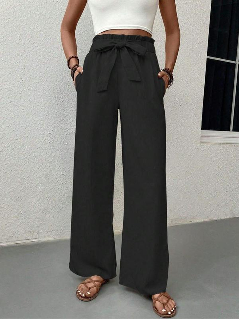 Women'S Plain Pocket Tie Front Straight Leg Pants, Elegant High Waist Paper Bag Waist Trousers for Work Office Business, Ladies Bottoms for All Seasons