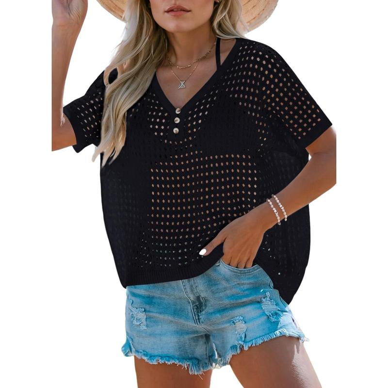 Dokotoo Womens Summer V Neck Short Sleeve Button down Sweater Casual Crochet Hollow Out Knit Tops Beach Coverup