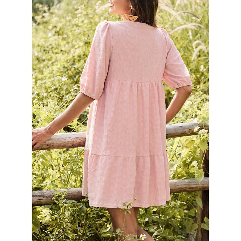 Dokotoo Womens Ladies Elegant Summer Dresses for Women 2025 Short Sleeve Crewneck Drawstring Embroidered Boho Dresses Loose Casual Mini Dresses