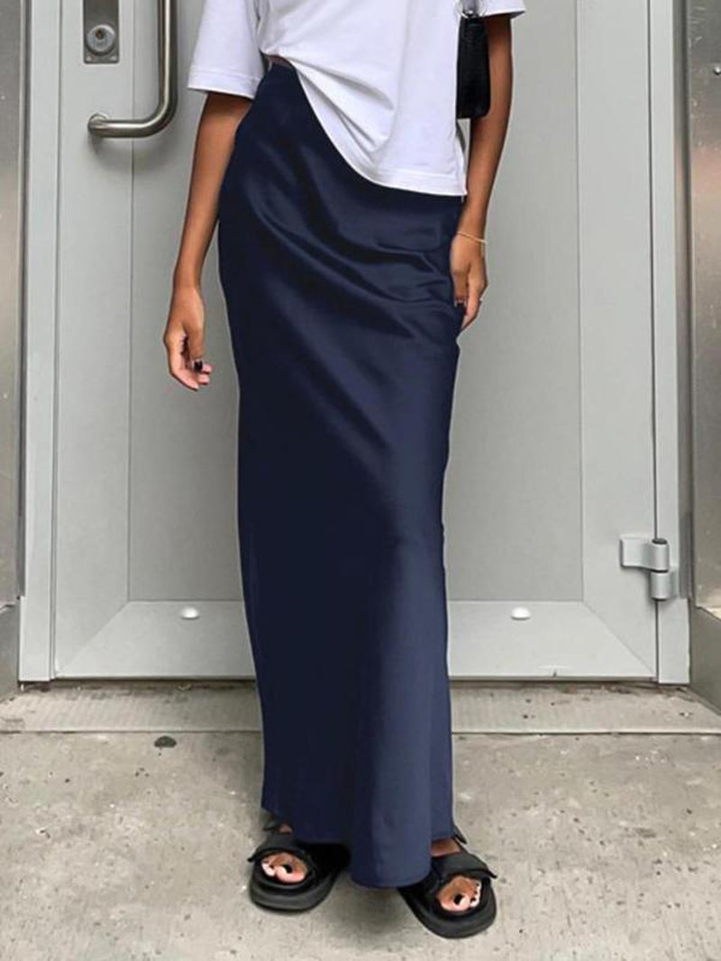 Women'S Solid Color Satin Skirt, Elegant Fashion Long Skirt for Daily Outdoor Wear, Women Clothing for Summer