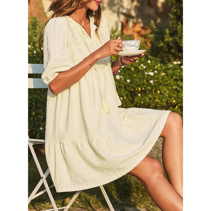 Dokotoo Womens Ladies Elegant Summer Dresses for Women 2025 Short Sleeve Crewneck Drawstring Embroidered Boho Dresses Loose Casual Mini Dresses