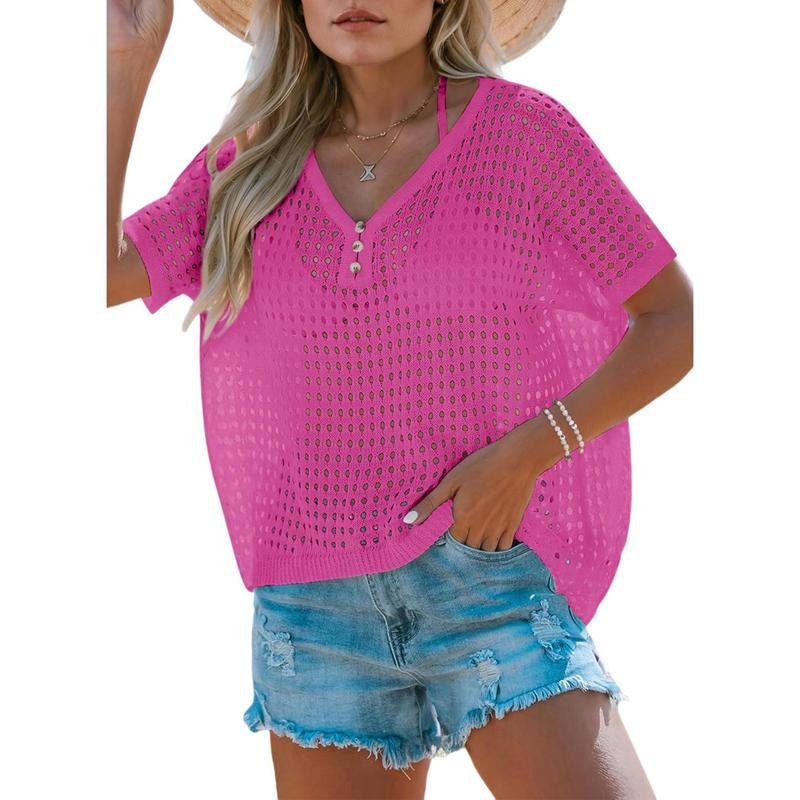 Dokotoo Womens Summer V Neck Short Sleeve Button down Sweater Casual Crochet Hollow Out Knit Tops Beach Coverup