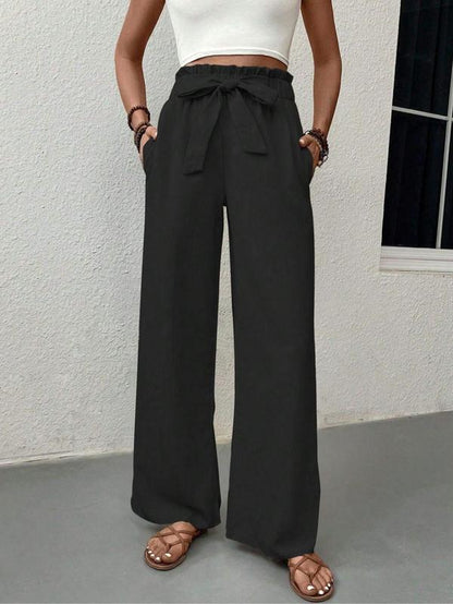 Women'S Plain Pocket Tie Front Straight Leg Pants, Elegant High Waist Paper Bag Waist Trousers for Work Office Business, Ladies Bottoms for All Seasons
