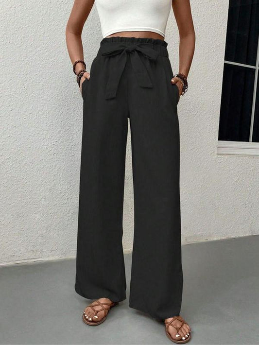 Women'S Plain Pocket Tie Front Straight Leg Pants, Elegant High Waist Paper Bag Waist Trousers for Work Office Business, Ladies Bottoms for All Seasons