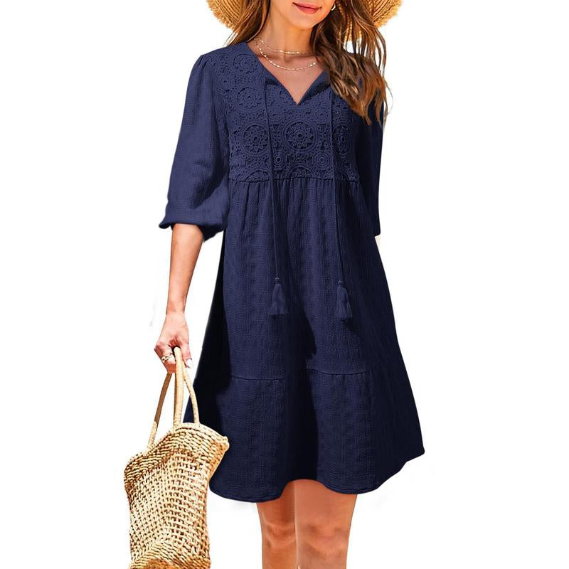 Dokotoo Womens Ladies Elegant Summer Dresses for Women 2025 Short Sleeve Crewneck Drawstring Embroidered Boho Dresses Loose Casual Mini Dresses