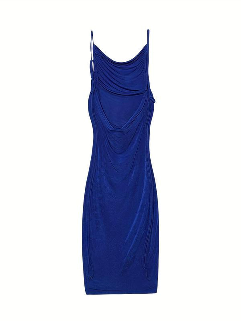 Women'S Solid Backless Draped Bodycon Fit Dress, Street Sleeveless Fashion Style Spaghetti Strap Long Dress for Party Club Dating Wear, Ladies Summer Clothes Valentine'S Day, Clothing, Womenswear