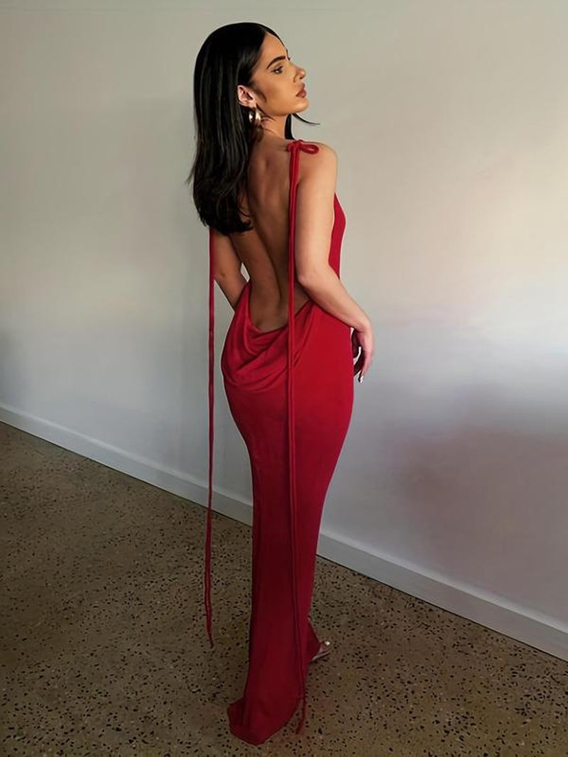 Women'S Solid Backless Draped Bodycon Fit Dress, Street Sleeveless Fashion Style Spaghetti Strap Long Dress for Party Club Dating Wear, Ladies Summer Clothes Valentine'S Day, Clothing, Womenswear